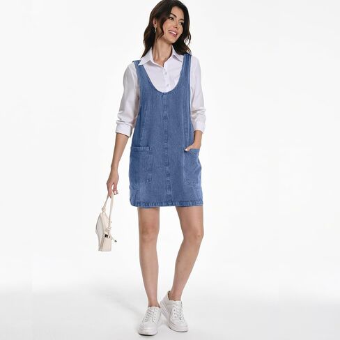 Women Denim Overall Dress Jean Jumper Dress High Roller Skirtall Mini Vintage Casual Overalls with Pockets in Saudi Arabia