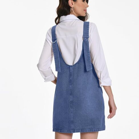 Women Denim Overall Dress Jean Jumper Dress High Roller Skirtall Mini Vintage Casual Overalls with Pockets in Saudi Arabia