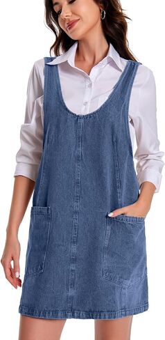 Women Denim Overall Dress Jean Jumper Dress High Roller Skirtall Mini Vintage Casual Overalls with Pockets in Saudi Arabia