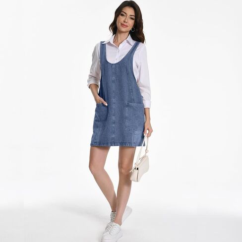 Women Denim Overall Dress Jean Jumper Dress High Roller Skirtall Mini Vintage Casual Overalls with Pockets in Saudi Arabia