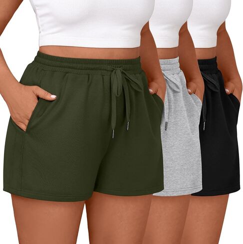 3 Pack Women's Plus Size Sweat Shorts Drawstring Elastic Waist Athletic Lounge Shorts with Pocket in Saudi Arabia