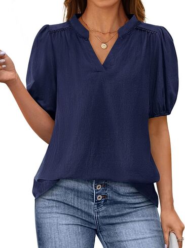 PRETTYGARDEN Womens Casual Summer Tops 2025 V Neck Short Puff Sleeve Pleated Cotton T Shirts Loose Dressy Blouses in Saudi Arabia