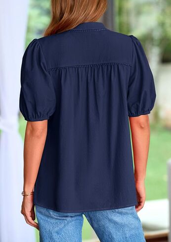 PRETTYGARDEN Womens Casual Summer Tops 2025 V Neck Short Puff Sleeve Pleated Cotton T Shirts Loose Dressy Blouses in Saudi Arabia