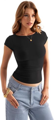 Womens Double Lined Cap Sleeve Tops Boat Neck Shirts Slim Fitted Going Out Tees Y2k Clothes 2025 in Kuwait
