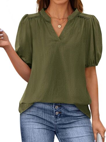 PRETTYGARDEN Womens Casual Summer Tops 2025 V Neck Short Puff Sleeve Pleated Cotton T Shirts Loose Dressy Blouses in Saudi Arabia