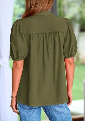 PRETTYGARDEN Womens Casual Summer Tops 2025 V Neck Short Puff Sleeve Pleated Cotton T Shirts Loose Dressy Blouses in Saudi Arabia
