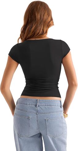 Womens Double Lined Cap Sleeve Tops Boat Neck Shirts Slim Fitted Going Out Tees Y2k Clothes 2025 in Kuwait
