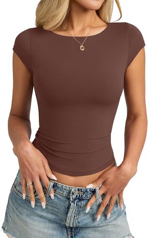Womens Double Lined Cap Sleeve Tops Boat Neck Shirts Slim Fitted Going Out Tees Y2k Clothes 2025 in Kuwait