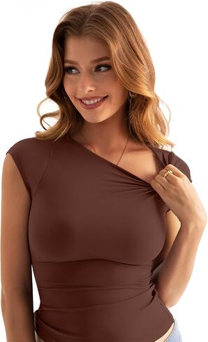 Womens Double Lined Cap Sleeve Tops Boat Neck Shirts Slim Fitted Going Out Tees Y2k Clothes 2025 in Kuwait