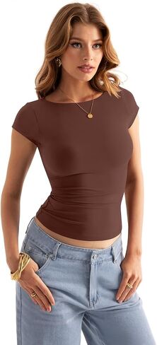Womens Double Lined Cap Sleeve Tops Boat Neck Shirts Slim Fitted Going Out Tees Y2k Clothes 2025 in Kuwait