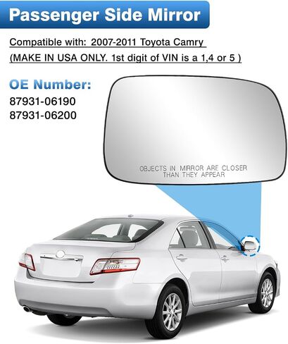 Passenger Side Mirror Glass Replacement for Toyota Camry 2007 2008 2009 2010 2011(1st digit of VIN is a 1,4 or 5 made in USA Only), Right Convex Heated Mirror Glass with Backplate in Saudi Arabia