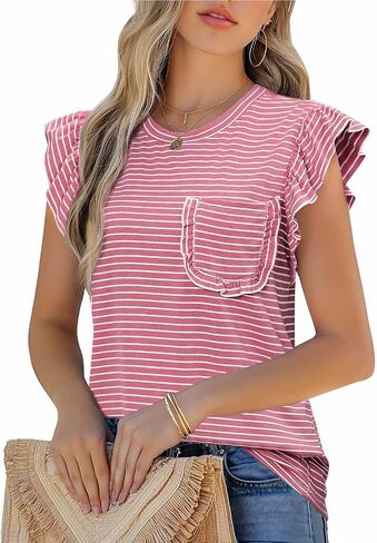 JUSTFASHIONNOW Womens Summer Tops Striped T-Shirts 2025 Ruffle Short Sleeve Crew Neck Casual Blouses with Pocket in Kuwait