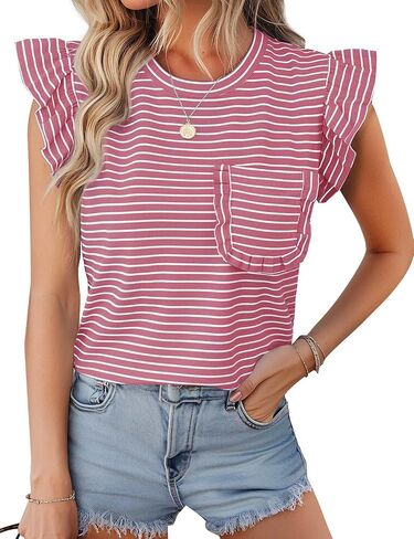 JUSTFASHIONNOW Womens Summer Tops Striped T-Shirts 2025 Ruffle Short Sleeve Crew Neck Casual Blouses with Pocket in Kuwait
