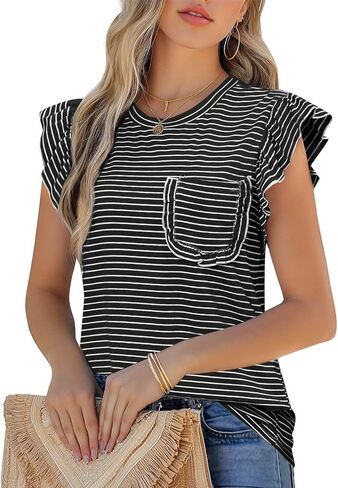 JUSTFASHIONNOW Womens Summer Tops Striped T-Shirts 2025 Ruffle Short Sleeve Crew Neck Casual Blouses with Pocket in Kuwait