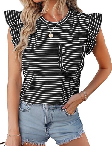 JUSTFASHIONNOW Womens Summer Tops Striped T-Shirts 2025 Ruffle Short Sleeve Crew Neck Casual Blouses with Pocket in Kuwait