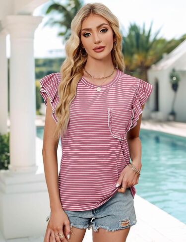 JUSTFASHIONNOW Womens Summer Tops Striped T-Shirts 2025 Ruffle Short Sleeve Crew Neck Casual Blouses with Pocket in Kuwait