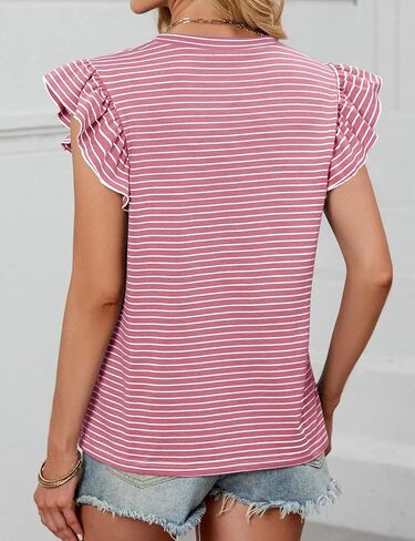 JUSTFASHIONNOW Womens Summer Tops Striped T-Shirts 2025 Ruffle Short Sleeve Crew Neck Casual Blouses with Pocket in Kuwait