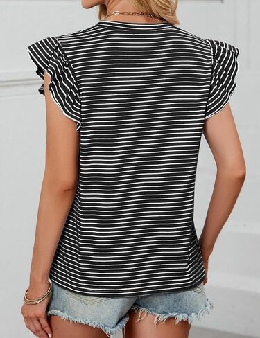 JUSTFASHIONNOW Womens Summer Tops Striped T-Shirts 2025 Ruffle Short Sleeve Crew Neck Casual Blouses with Pocket in Kuwait