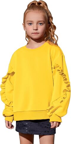 Mirawise Girls Pullover Crewneck Sweatshirt with Ruffle Trim Long Sleeve Cute Oversize Hoodie Solid Tops Sweaters for 4-13Y in Saudi Arabia