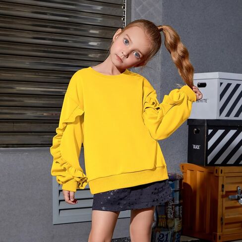 Mirawise Girls Pullover Crewneck Sweatshirt with Ruffle Trim Long Sleeve Cute Oversize Hoodie Solid Tops Sweaters for 4-13Y in Saudi Arabia