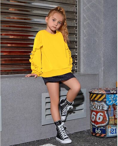 Mirawise Girls Pullover Crewneck Sweatshirt with Ruffle Trim Long Sleeve Cute Oversize Hoodie Solid Tops Sweaters for 4-13Y in Saudi Arabia