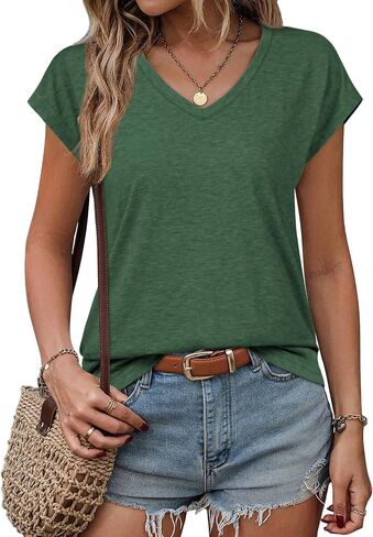 ATHMILE Womens Summer Tops V Neck Cap Sleeve Tshirts Casual Cute T Shirts Fashion Clothes Vintage Basics Tee in Saudi Arabia