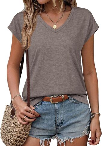ATHMILE Womens Summer Tops V Neck Cap Sleeve Tshirts Casual Cute T Shirts Fashion Clothes Vintage Basics Tee in Saudi Arabia