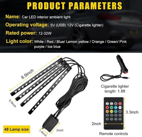 LED LED LED الأضواء الداخلية ، RBG 48 LED MULLOLOR MUSIC MUSION STRIP LIGHT مع التحكم عن بعد ، مجموعة مصباح الإضاءة المقاومة للماء تحت اندفاعة مع شاحن ، إكسسوارات السيارات (ولاعة السجائر) in Kuwait