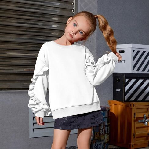 Mirawise Girls Pullover Crewneck Sweatshirt with Ruffle Trim Long Sleeve Cute Oversize Hoodie Solid Tops Sweaters for 4-13Y in Saudi Arabia