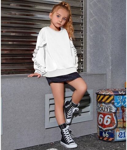 Mirawise Girls Pullover Crewneck Sweatshirt with Ruffle Trim Long Sleeve Cute Oversize Hoodie Solid Tops Sweaters for 4-13Y in Saudi Arabia