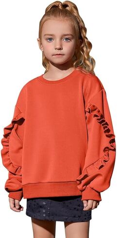 Mirawise Girls Pullover Crewneck Sweatshirt with Ruffle Trim Long Sleeve Cute Oversize Hoodie Solid Tops Sweaters for 4-13Y in Kuwait