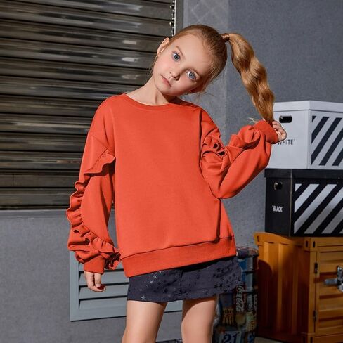 Mirawise Girls Pullover Crewneck Sweatshirt with Ruffle Trim Long Sleeve Cute Oversize Hoodie Solid Tops Sweaters for 4-13Y in Kuwait