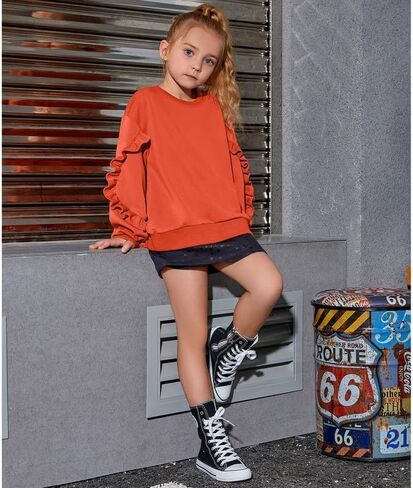 Mirawise Girls Pullover Crewneck Sweatshirt with Ruffle Trim Long Sleeve Cute Oversize Hoodie Solid Tops Sweaters for 4-13Y in Kuwait