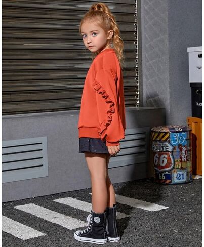 Mirawise Girls Pullover Crewneck Sweatshirt with Ruffle Trim Long Sleeve Cute Oversize Hoodie Solid Tops Sweaters for 4-13Y in Kuwait