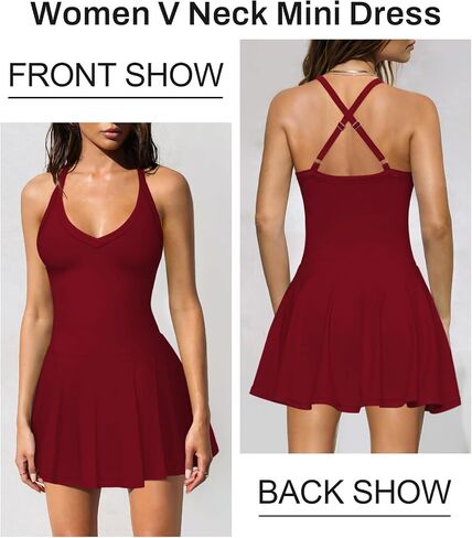 Women's V Neck Tennis Athletic Golf Mini Dress for Women Summer Workout Active Pleated Dresses with Shorts Pockets in Saudi Arabia