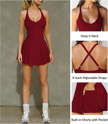 Women's V Neck Tennis Athletic Golf Mini Dress for Women Summer Workout Active Pleated Dresses with Shorts Pockets in Saudi Arabia