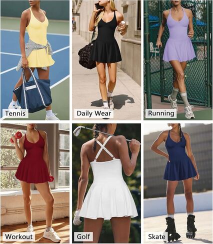 Women's V Neck Tennis Athletic Golf Mini Dress for Women Summer Workout Active Pleated Dresses with Shorts Pockets in Saudi Arabia