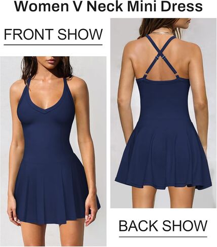 Women's V Neck Tennis Athletic Golf Mini Dress for Women Summer Workout Active Pleated Dresses with Shorts Pockets in Saudi Arabia