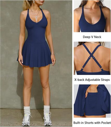 Women's V Neck Tennis Athletic Golf Mini Dress for Women Summer Workout Active Pleated Dresses with Shorts Pockets in Saudi Arabia