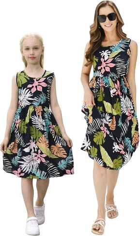 SHOOYING Mommy and Me Dress, Sleeveless Floral Printed Family Matching Hawaiian Beach Midi Dresses in Kuwait