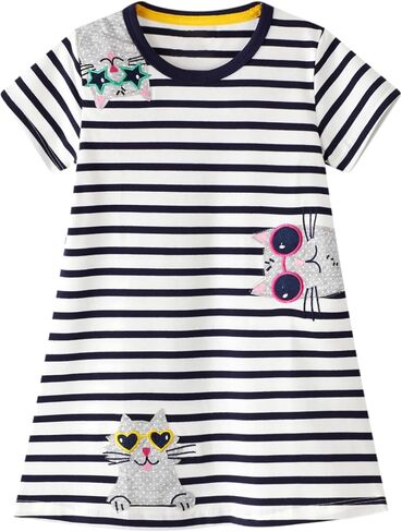 Freelu Toddler Girls Striped Summer Dress Cartoon Dresses Dresses Girls Cotton Disual Discal Dression 2-7 y in Kuwait