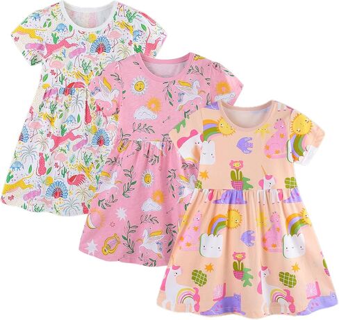 BeiVSlley Toddler Girls Dresses 3-Pack | Cotton Short Sleeve Summer Dress with Twirl Skirt | Cute Cartoon Sundress 2-7T in Kuwait