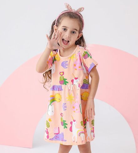 BeiVSlley Toddler Girls Dresses 3-Pack | Cotton Short Sleeve Summer Dress with Twirl Skirt | Cute Cartoon Sundress 2-7T in Kuwait
