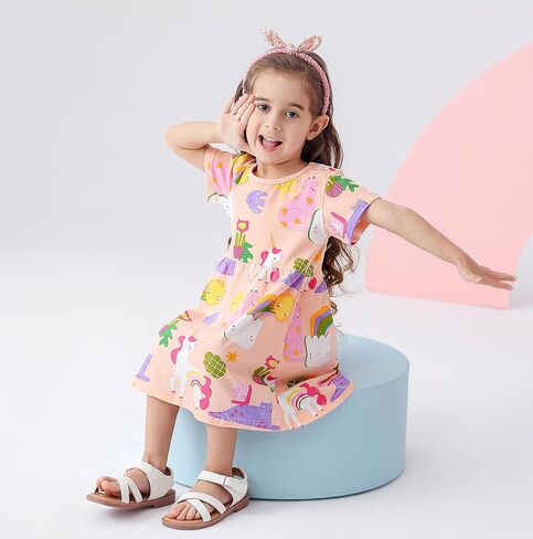 BeiVSlley Toddler Girls Dresses 3-Pack | Cotton Short Sleeve Summer Dress with Twirl Skirt | Cute Cartoon Sundress 2-7T in Kuwait