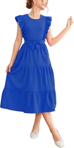 Girls Summer Dresses Ruffle Sleeve Dress A Line Swing Belted Casual Solid Color Party Dress 6-14 Years in Kuwait