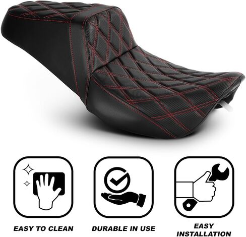 One-Piece Driver and Passenger Seat with Diamond Pattern Stitching Fit for Harley Touring Road King 1997-2007 Street Glide 2006-2007 (Red Stitching) in Kuwait