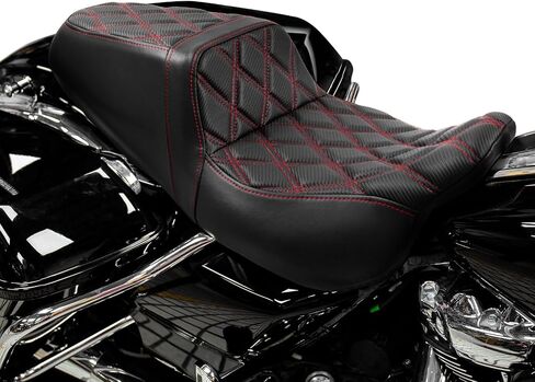 One-Piece Driver and Passenger Seat with Diamond Pattern Stitching Fit for Harley Touring Road King 1997-2007 Street Glide 2006-2007 (Red Stitching) in Kuwait