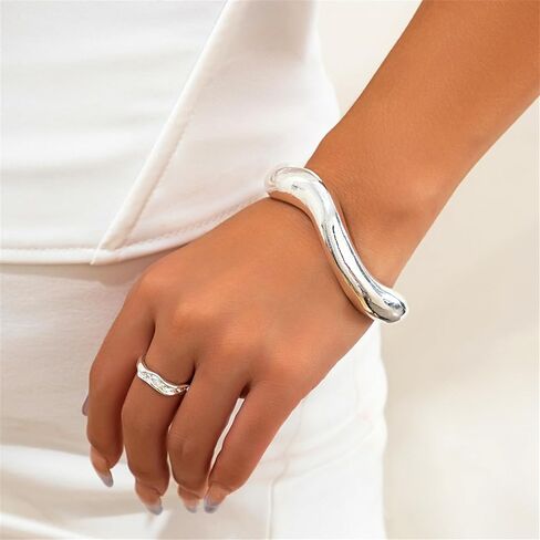 Chunky Gold Bracelets for Women,2 Pcs Gold Stacking Cuff Bangle Bracelet Silver Plated Cuff Bangle Bracelets Open Wide Irregular Minimalist Bangle Jewelry in Saudi Arabia