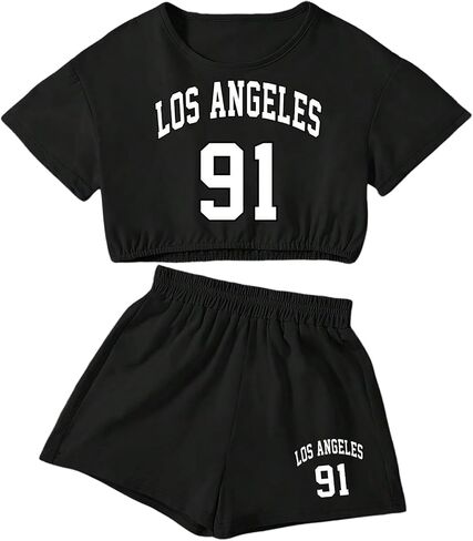 Verdusa Girl's 2 Piece Tracksuits Short Sleeve Graphic Jersey Crop Tops and Track Shorts Set in Saudi Arabia