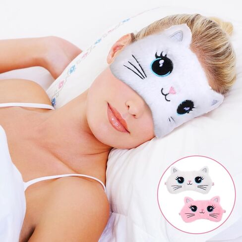 Sleep Mask for Kids, 2 Pcs Cute Cat Sleeping Eye Mask Colorful Soft Plush Girls Sleep Mask Comfortable Funny Animal Night Eye Masks for Sleeping Blindfold Eye Cover for Women Girls Home Travel in Saudi Arabia